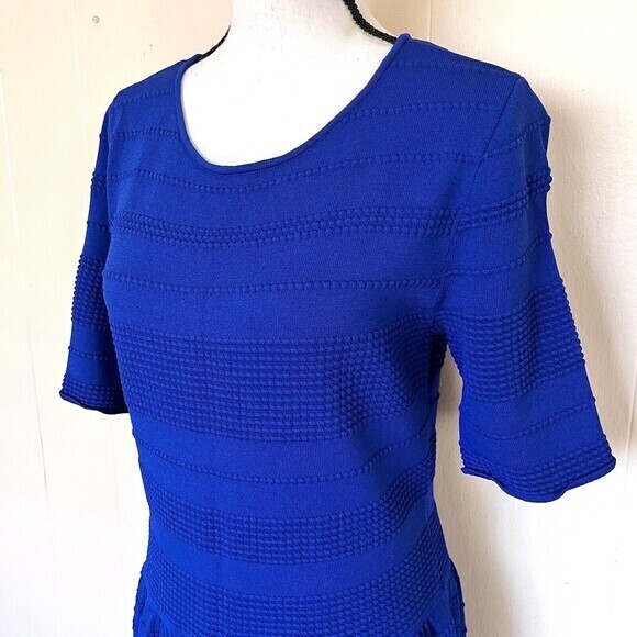 Eliza J Dress Womens XL Royal Blue 3/4 Sleeve Textured Fit-N-Flare Mini Rib Trim - Picture 3 of 13